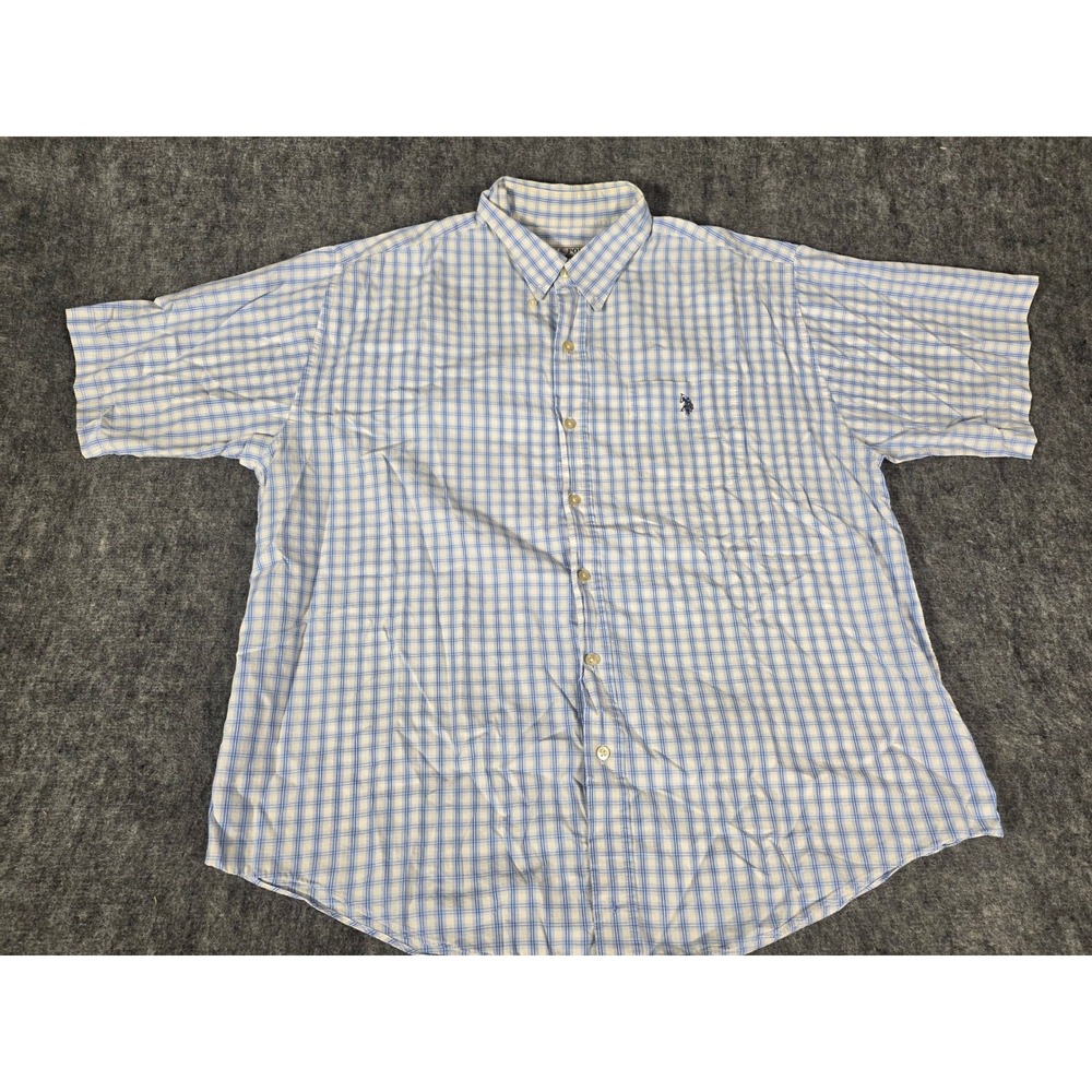 US Polo Assn Mens XL Short Sleeve Plaid Button Down Shirt Light Blue White